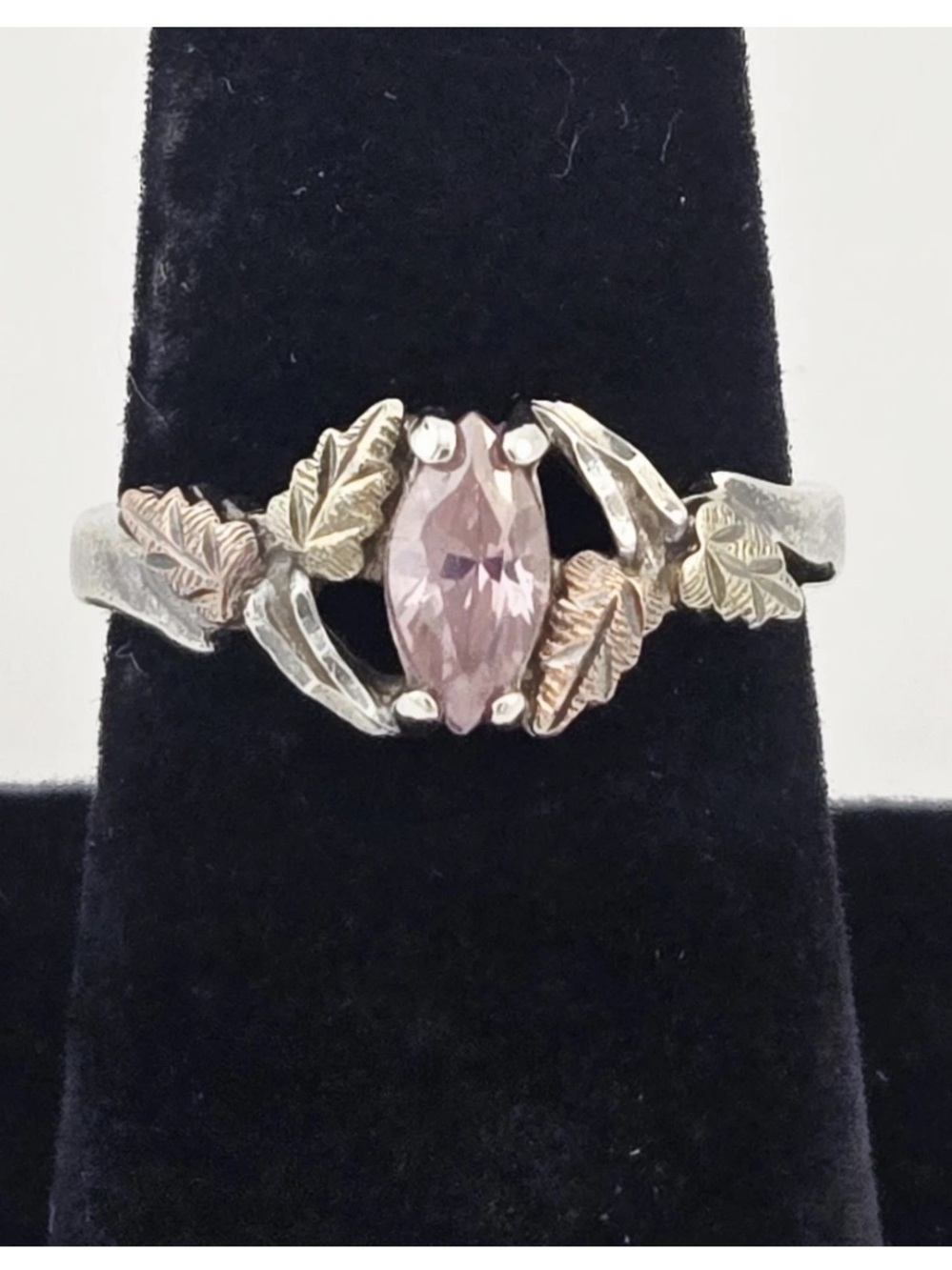 Sterling Silver and 10k Morganite Gemstone Leaf Ring Size 7
